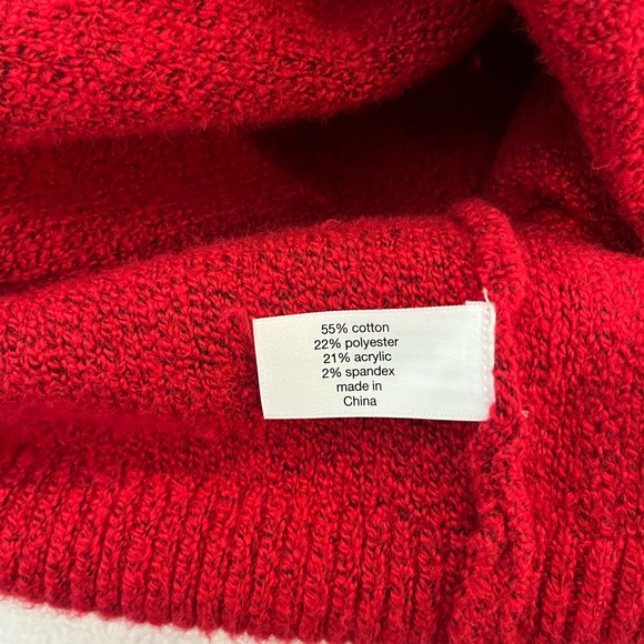 OUTFIT: Red Cable Knit Women's Sweater and Jeans with red cuff. - Picture 3 of 7